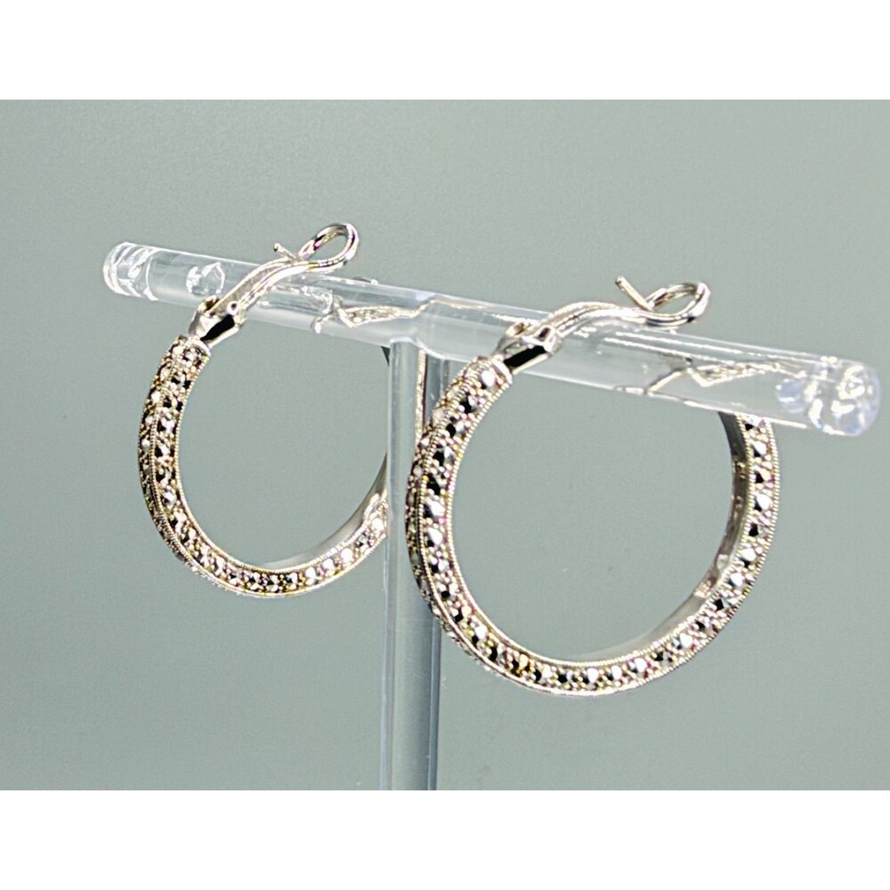 Dallas Prince 925 Sterling Silver Marcasite Hoop Earrings 1.25" 9.7g - Picture 3 of 9